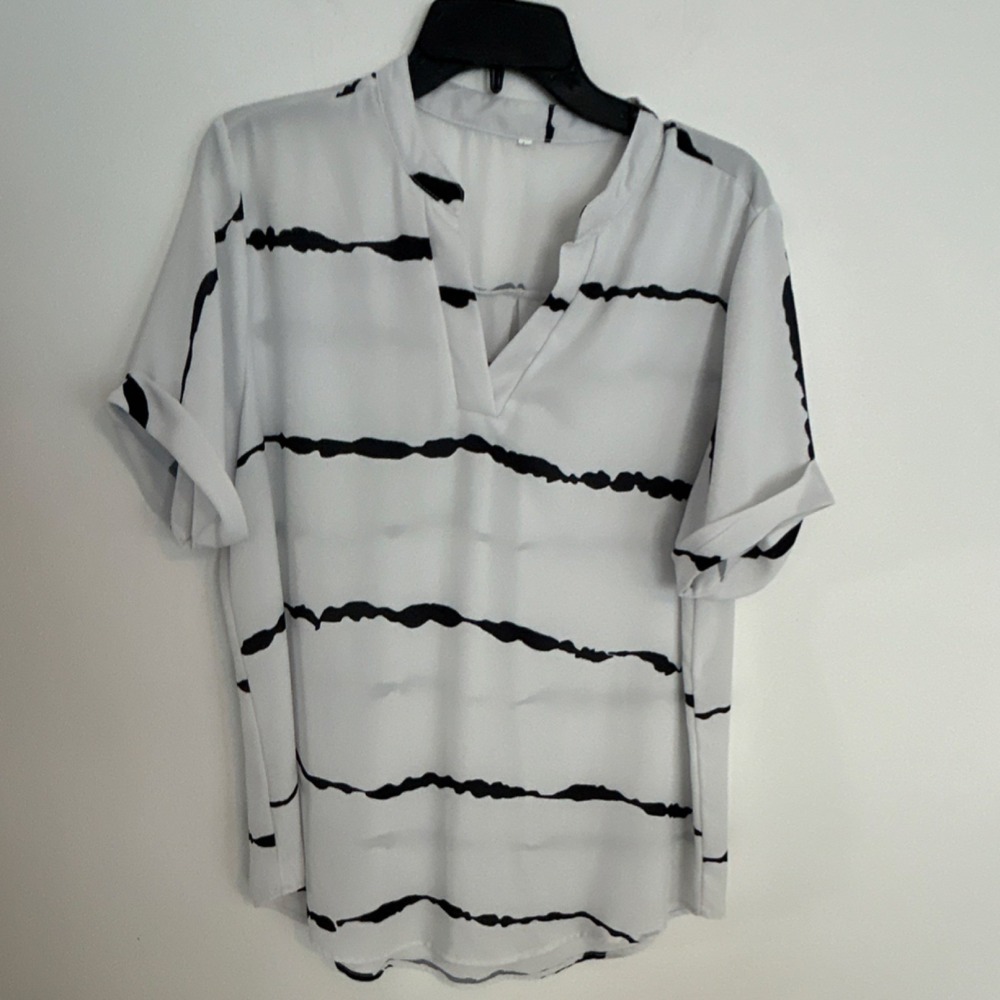 Women's White Black Striped‎ Cotton V Neck Shirt Short Sleeve Casual L